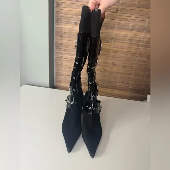 Jeffrey Campbell Seatbelt Black Suede Black Patent Buckle Heel Boots - Picture 2 of 11